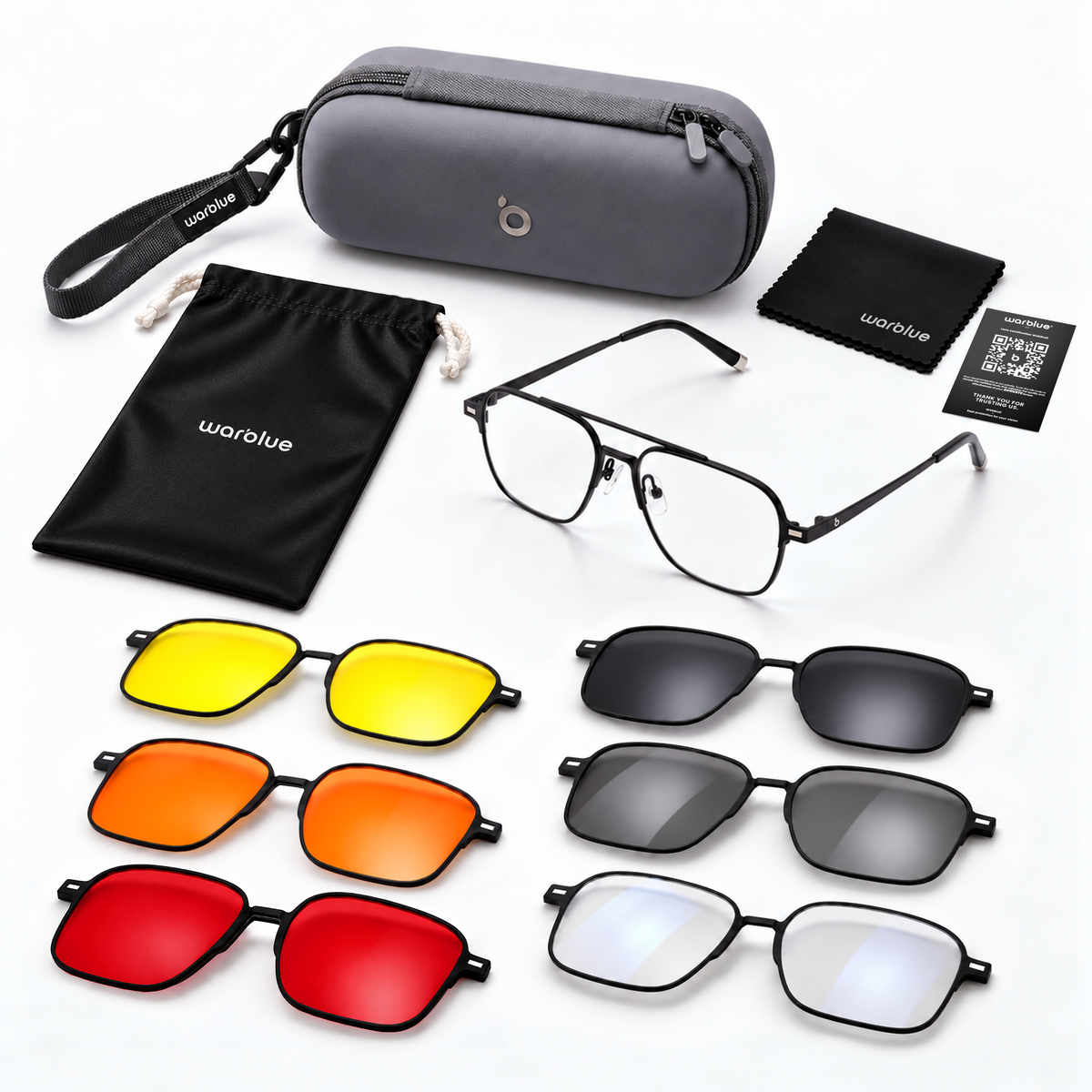 Kit de Viagem Magnético 6 em 1 – 4 Lentes de Luz Azul + 2 de Sol · Apto para Lentes de Grau