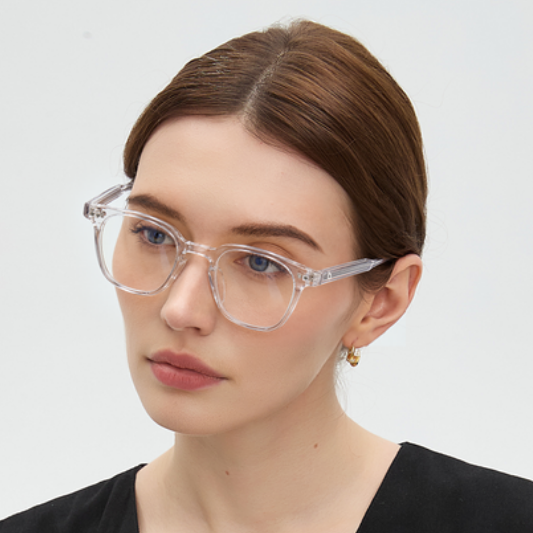 Retrato usando óculos Edison Crystal, lentes transparentes, armação transparente