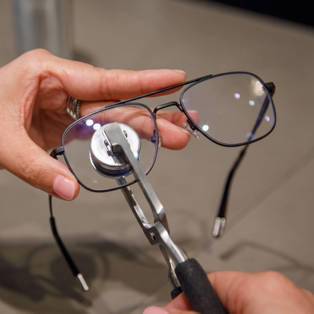 Colocando lentes de grau na armação base do kit de viagem Warblue