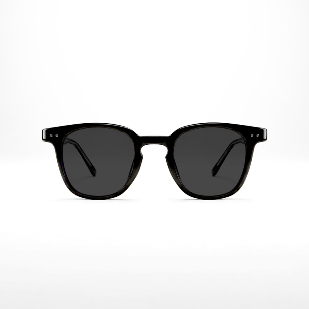 Óculos de sol Auguste – lentes cinza escuras, armação preta, vista frontal