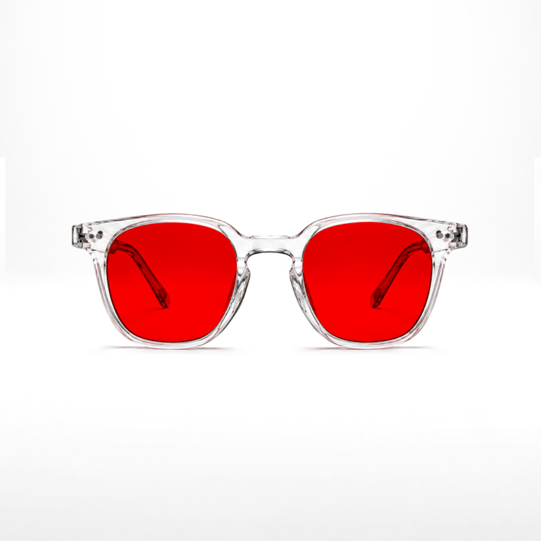Óculos Da Vinci Crystal – lentes vermelhas, armação transparente Crystal, vista frontal