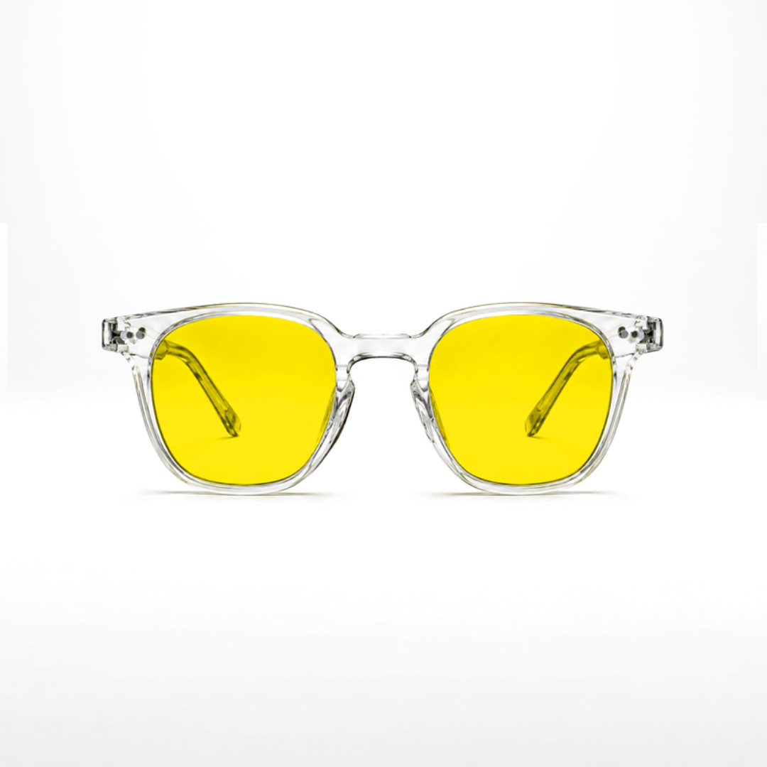 Óculos Galileo Crystal – lentes amarelas, armação Crystal transparente, vista frontal