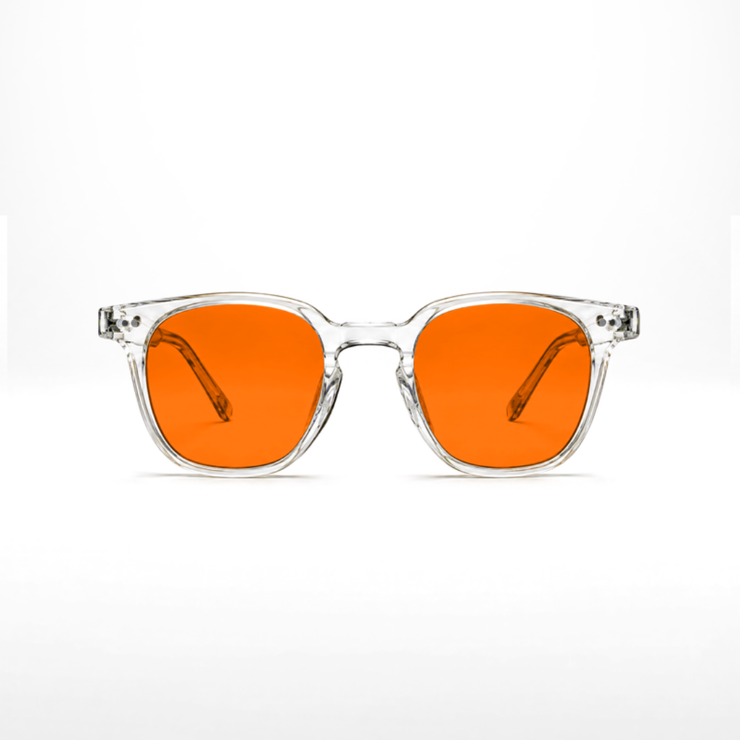 Óculos Newton Crystal – lentes laranja, armação Crystal transparente, vista frontal