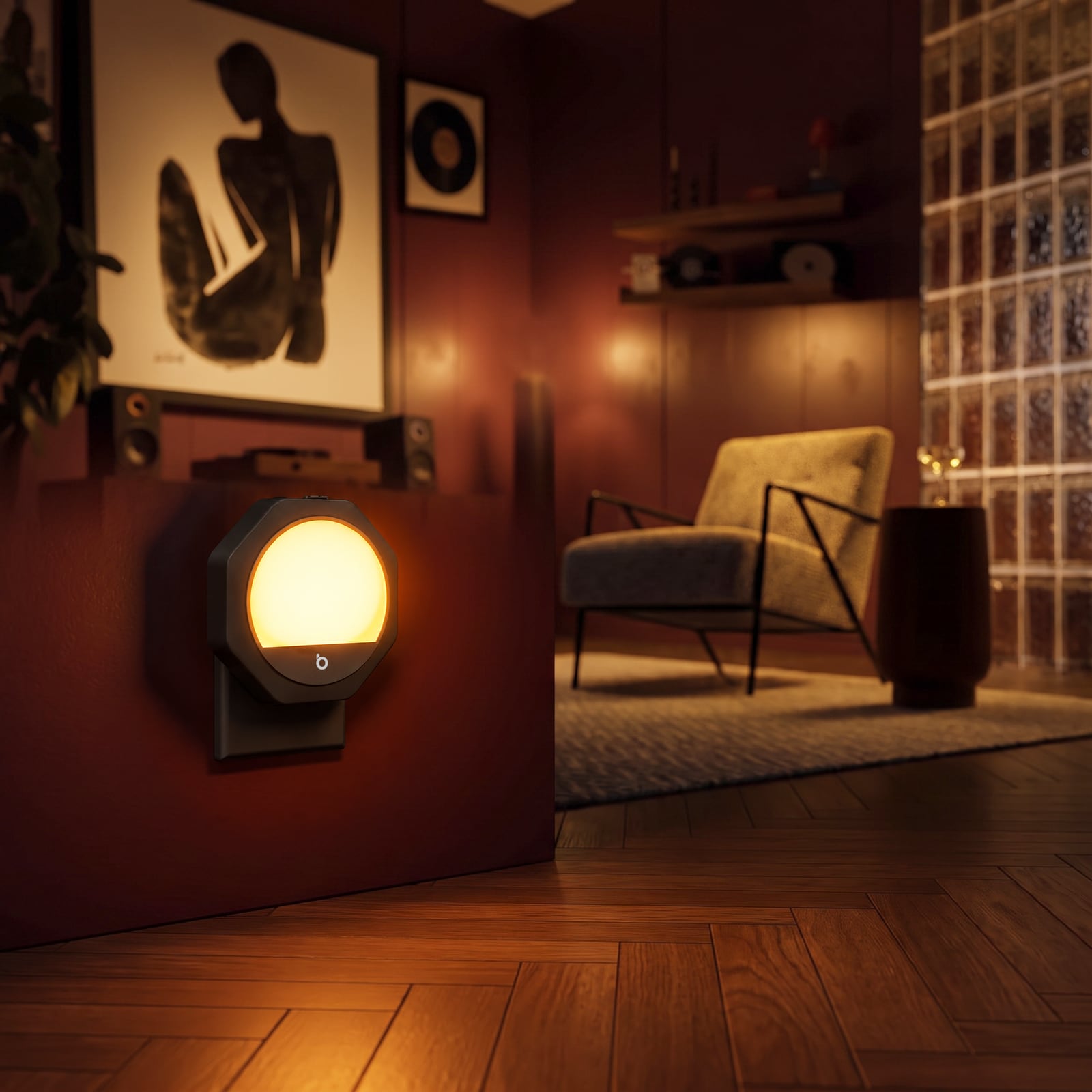 Luz noturna âmbar brilhando em uma sala de estar