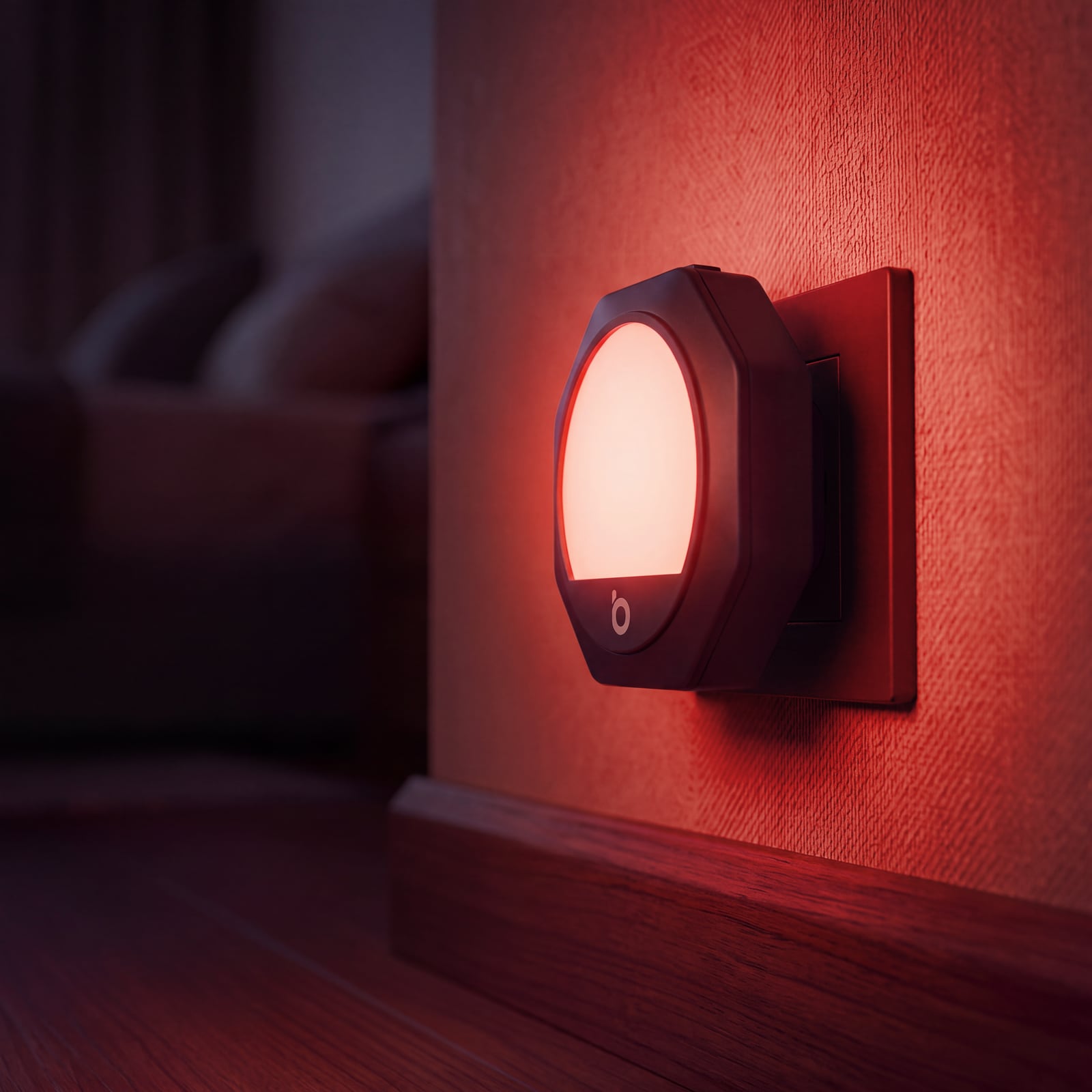 Luz noturna vermelha na parede de um quarto